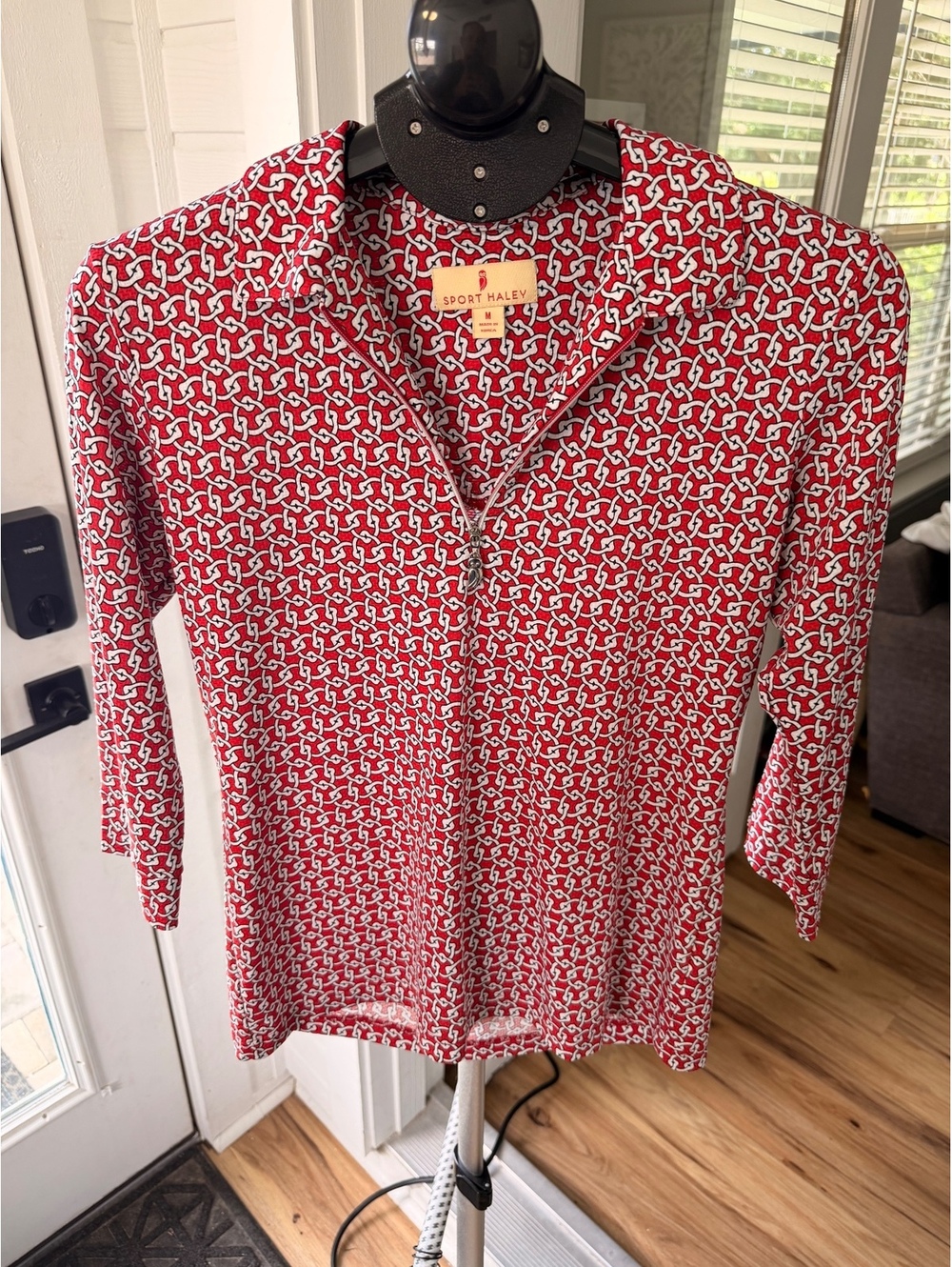Sport Haley Women's Blouse Medium Red White Patterned Zip-Up